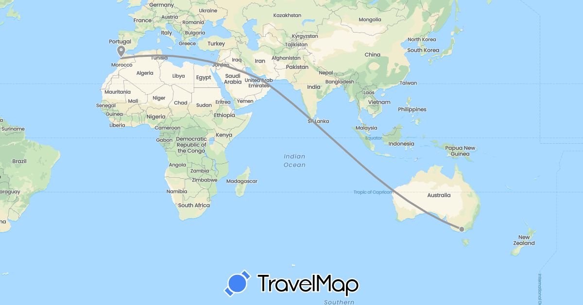 TravelMap itinerary: driving, plane in United Arab Emirates, Australia, Morocco (Africa, Asia, Oceania)